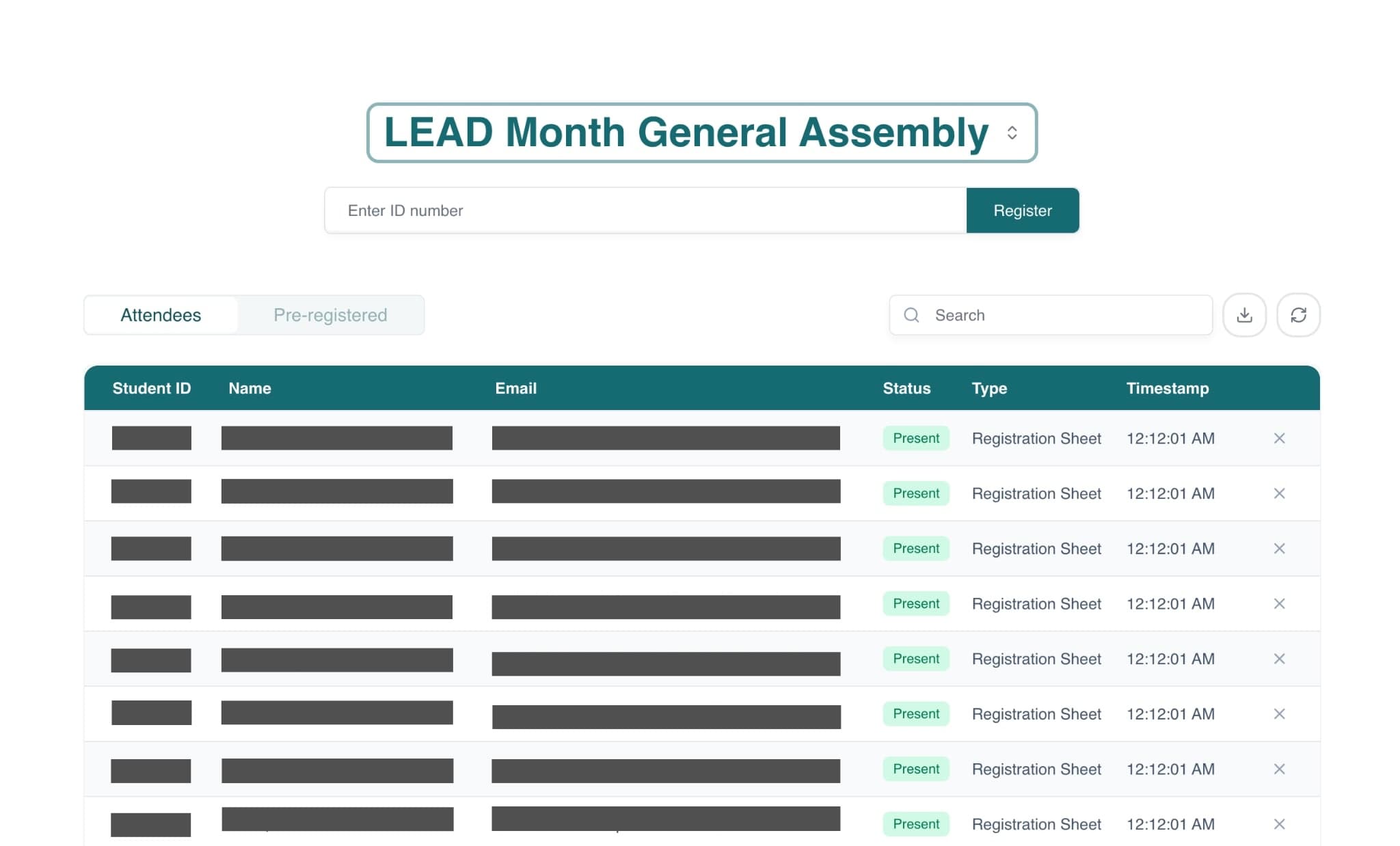 MISA event registration and attendance dashboard