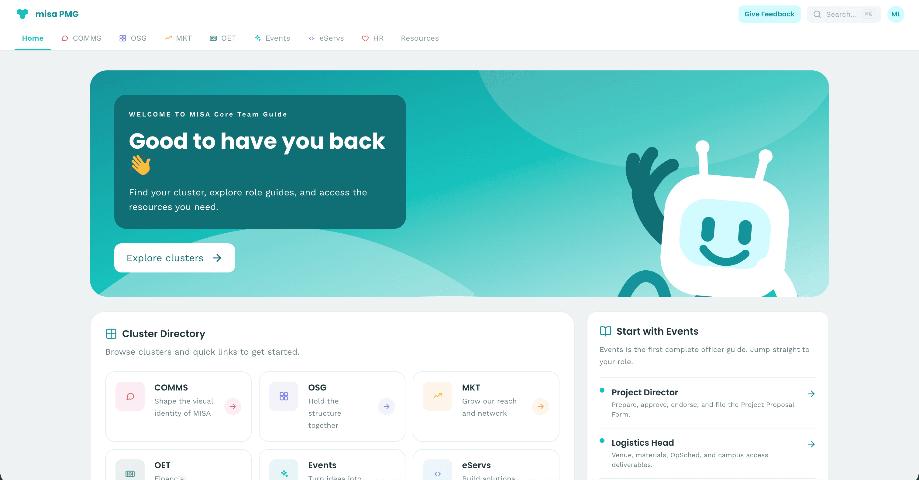 MISA officer guide with a cluster directory and project resources